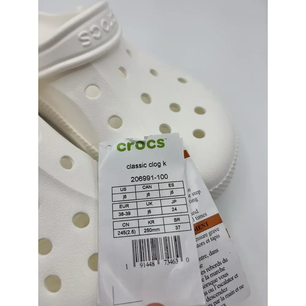 Crocs Classic Kids Clog 206991 Size J6 Youth 6 Slip On White NWT